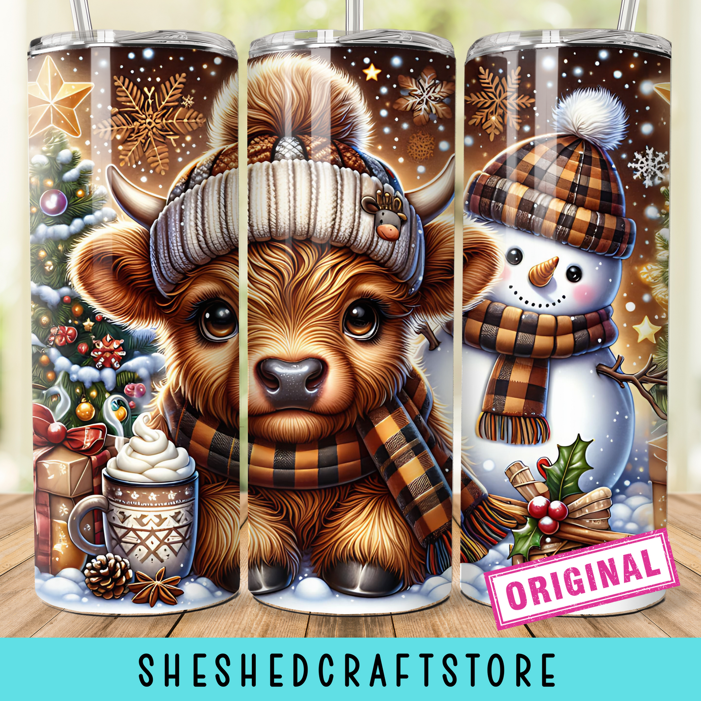 Christmas Highland Cow and Snowmen Tumbler Wrap