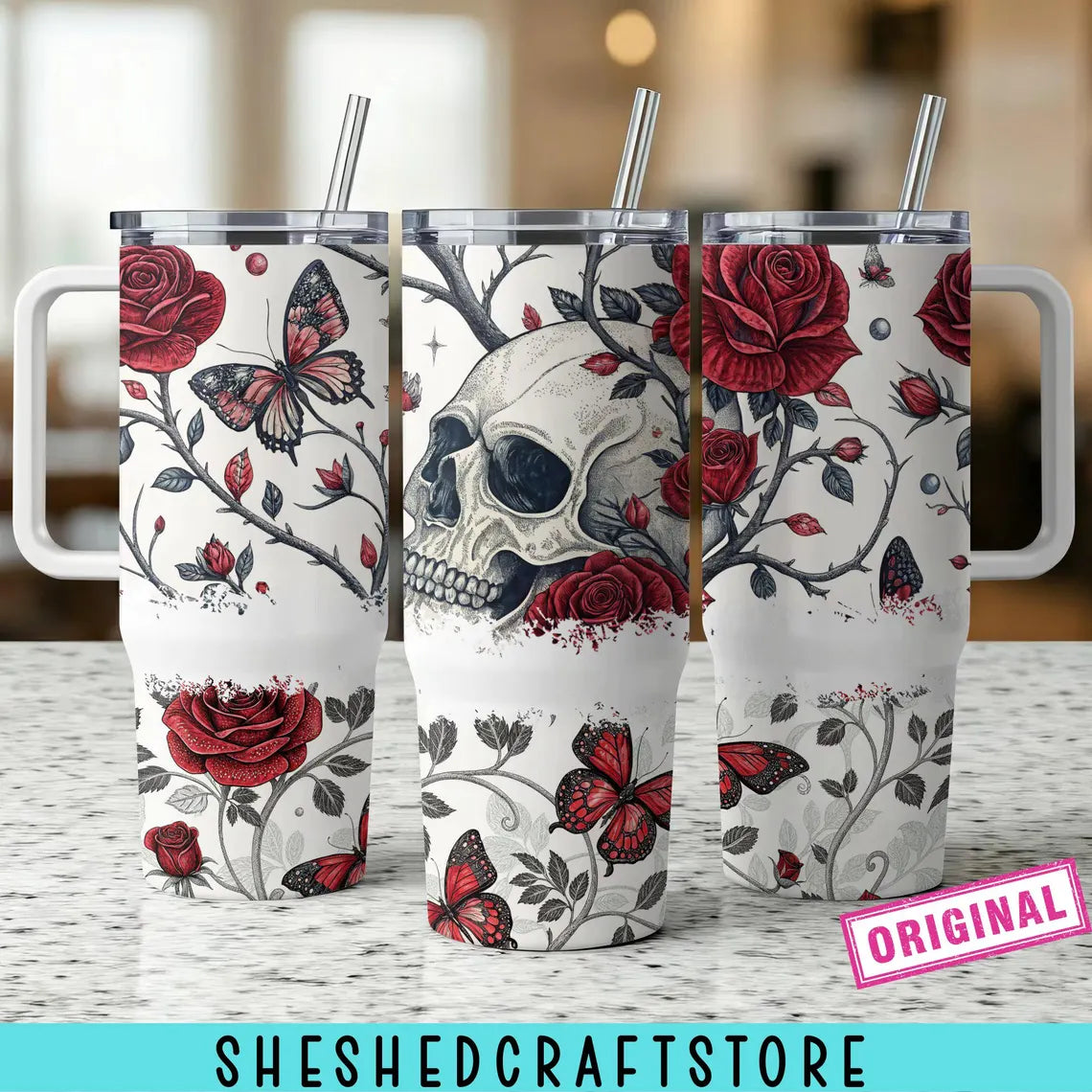 40oz Skull Butterfly and Roses Tumbler Wrap