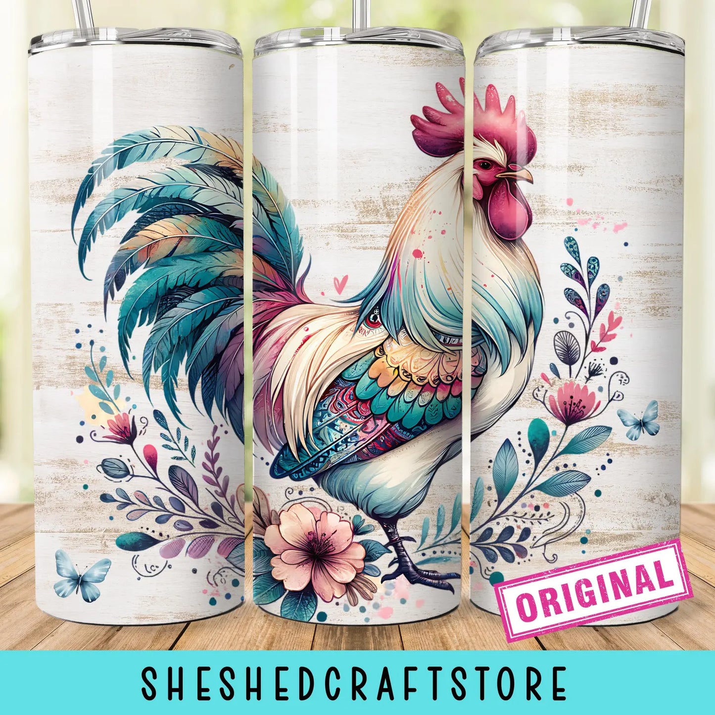 Watercolor Rooster 20oz Skinny Tumbler Wrap