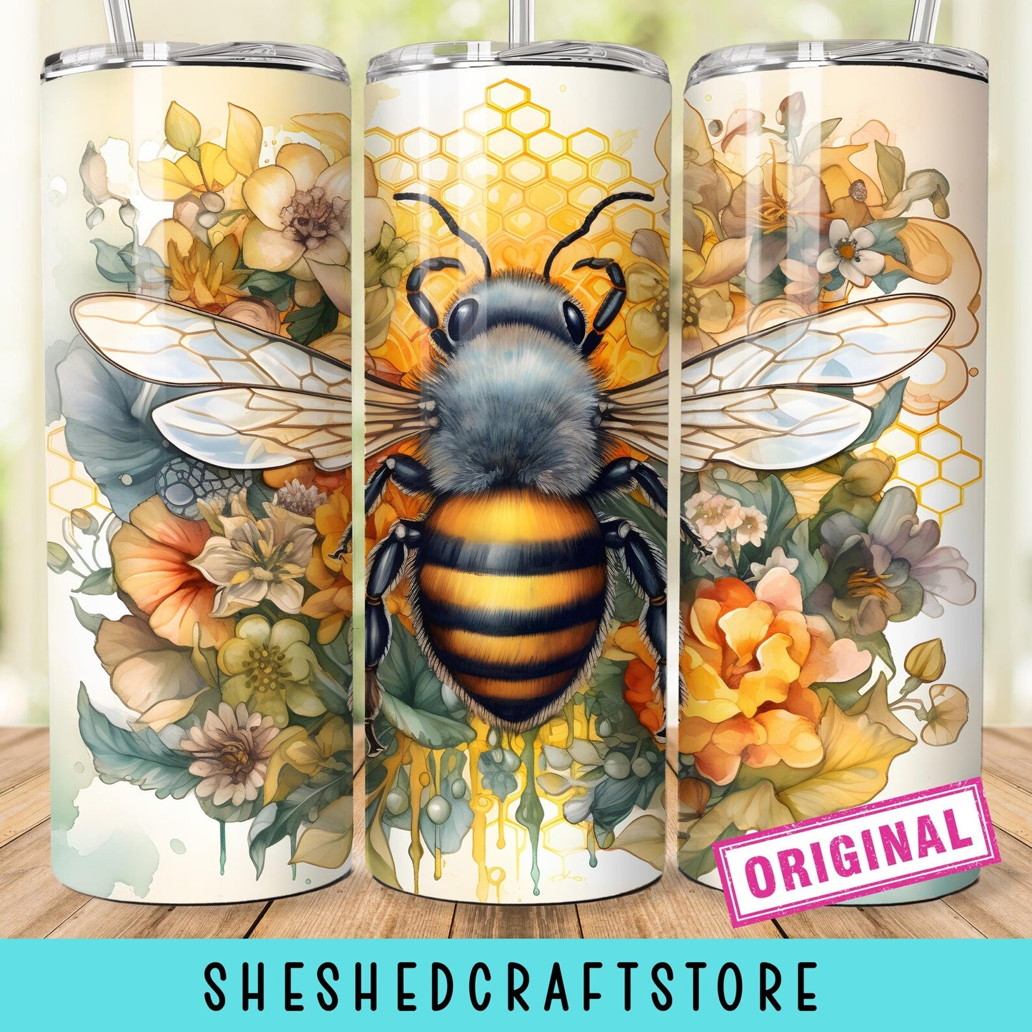 Watercolor Honey Bee With Honey Combs and Sunflowers Tumbler Wrap
