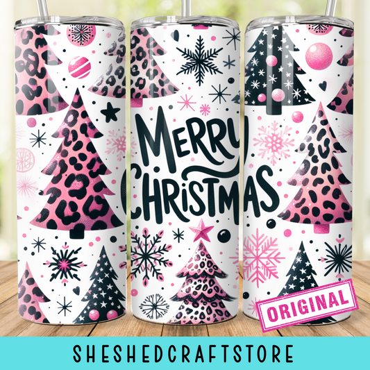 Merry Christmas Pink Leopard Print Tumbler Wrap