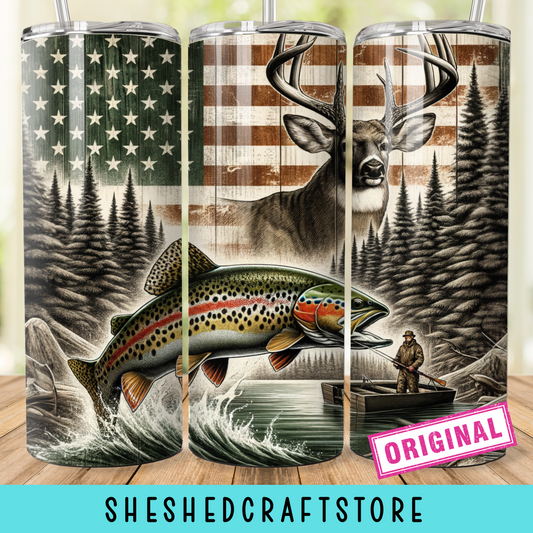 American Flag Trout Fishing Deer Camo Tumbler Wrap