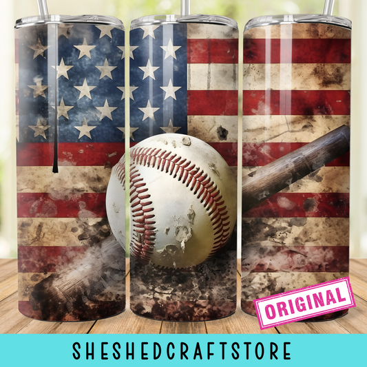 Grunge American Flag Baseball 20 oz Tumbler Wrap