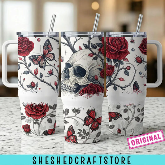 40oz Skull Butterfly and Roses Tumbler Wrap