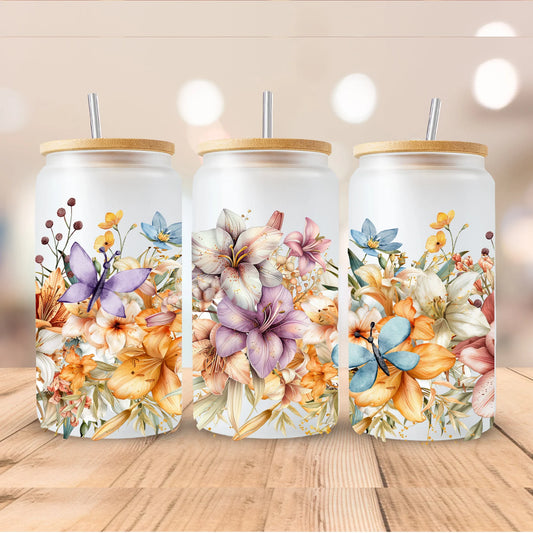 Boho Flowers 16oz Libbey Glass Can