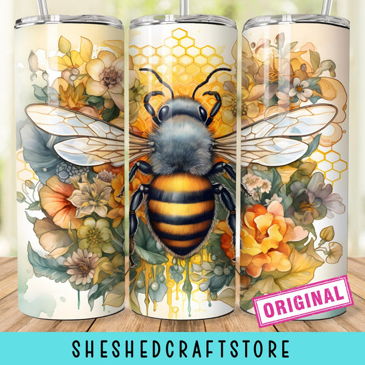 Watercolor Honey Bee With Honey Combs and Sunflowers Tumbler Wrap